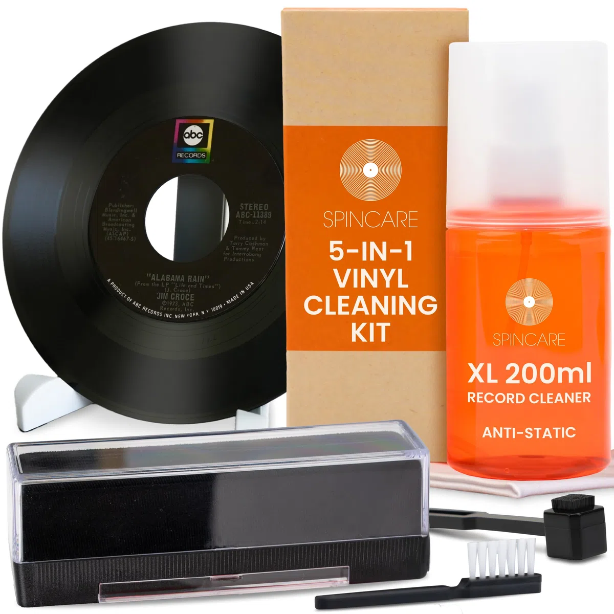 5 En 1 Kit De Limpieza Vinilos SPINCARE | 200ml Limpiador Vinilos De Discos | Antiestatico Cepillo | Limpia Agujas Tocadiscos | Paño De Microfibra | Soporte De Secado Y Exhibición