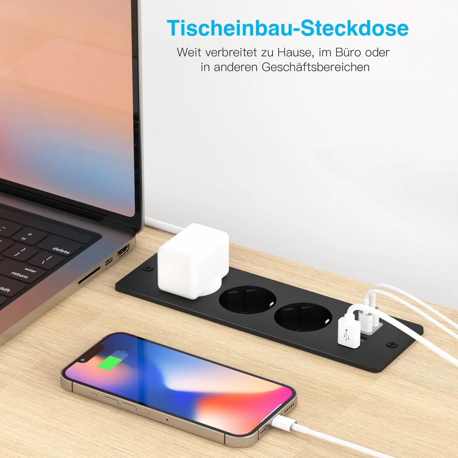 Toma de Empotrar de Sobremesa con 2 USB y 2 Type-C, Regleta Empotrable de 3 Vías con Cable de 2m, Toma de Sobremesa, Toma Múltiple para Muebles o Superficies de Trabajo, Negro