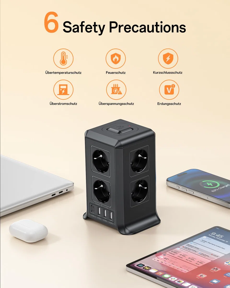 3M Torre Regletas Enchufes, Regleta Enchufes Proteccion Sobretension con Interruptor, con 8 Tomas de AC y 4 USB Regleta Vertical, Enchufe Multiple es Adecuado para Escritorios, Salones y Dormitorios