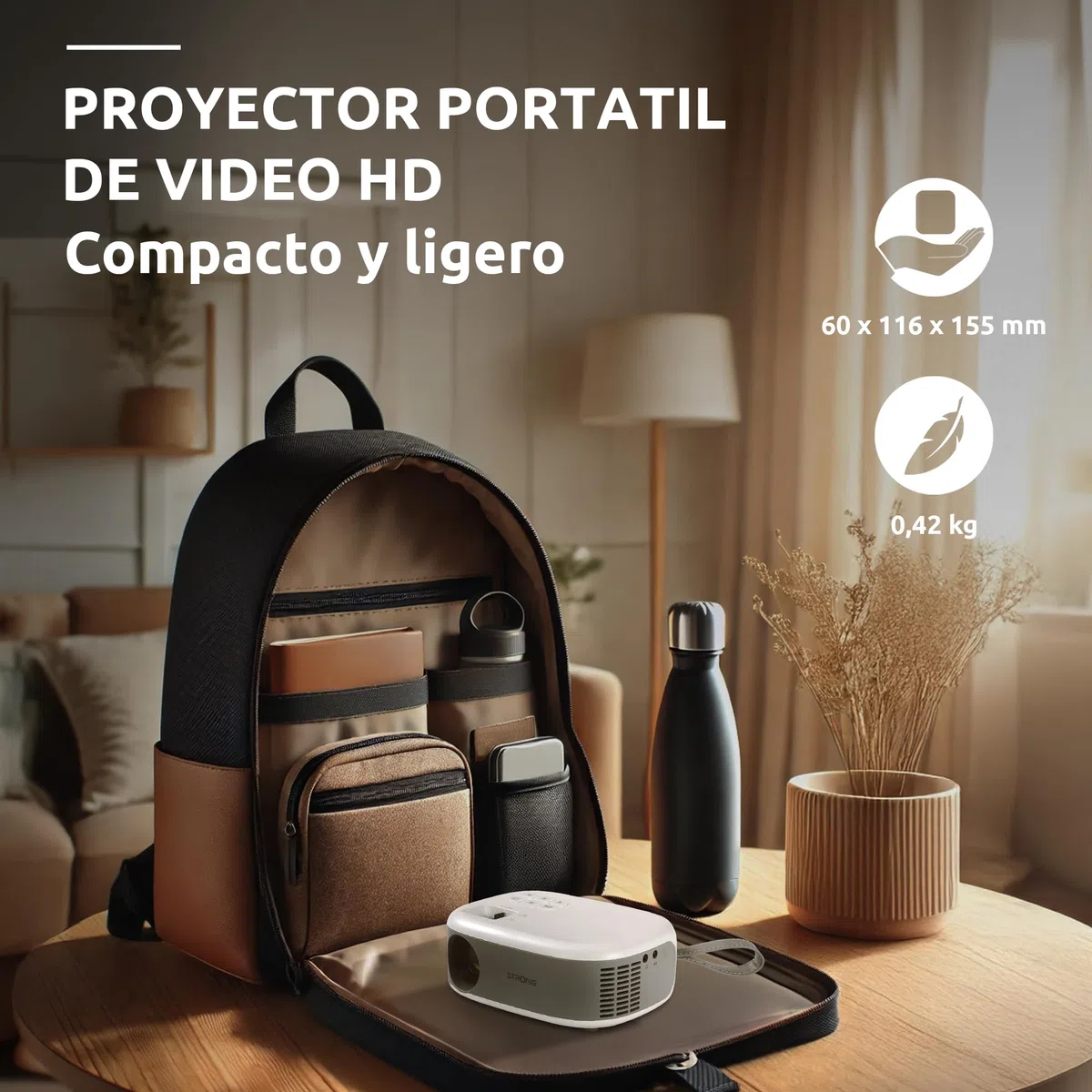 STRONG - Mini Proyector de Vídeo N1 - Resolución HD 720p Compatible con Full HD 1080p - 120 ANSI Lúmenes - Distancia de proyección 0,9 a 6,2 m - Conectividad HDMI/USB/AV + Salida de Audio - Blanco