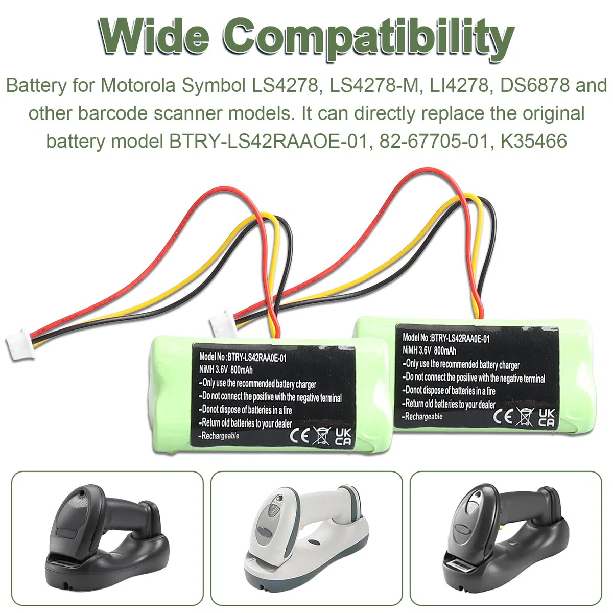 2 baterías de repuesto Ni-MH 3.6V 800mAh compatibles con Motorola Symbol LS4278, LS4278-M, LI4278, DS6878, 82-67705-01, BTRY-LS42RAAOE-01, K35466