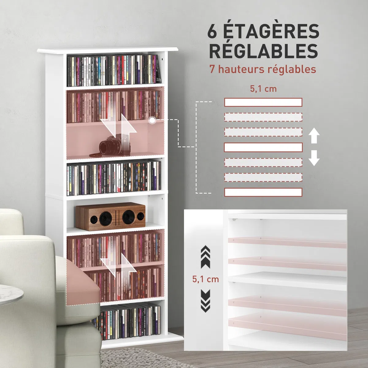 Almacén de CD y DVD HOMCOM, Unidad de Almacenamiento Multimedia con 8 Compartimentos y 6 estantes Ajustables, Capacidad máx. 360 CD/185 DVD y BLU-Ray, 58 x 24 x 124,5 cm, Blanco