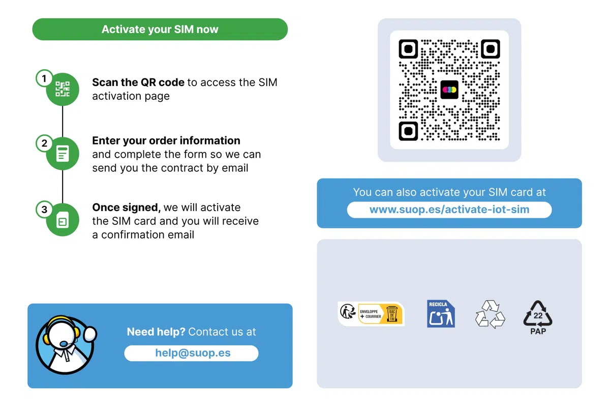 SUOP Tarjeta SIM IoT y M2M | 500MB/Mes x 12 Meses | Prepago con Pago único Anual. Sin cuotas mensuales | Cobertura Europea 4G multioperador | Alarmas, GPS y Dispositivos conectados