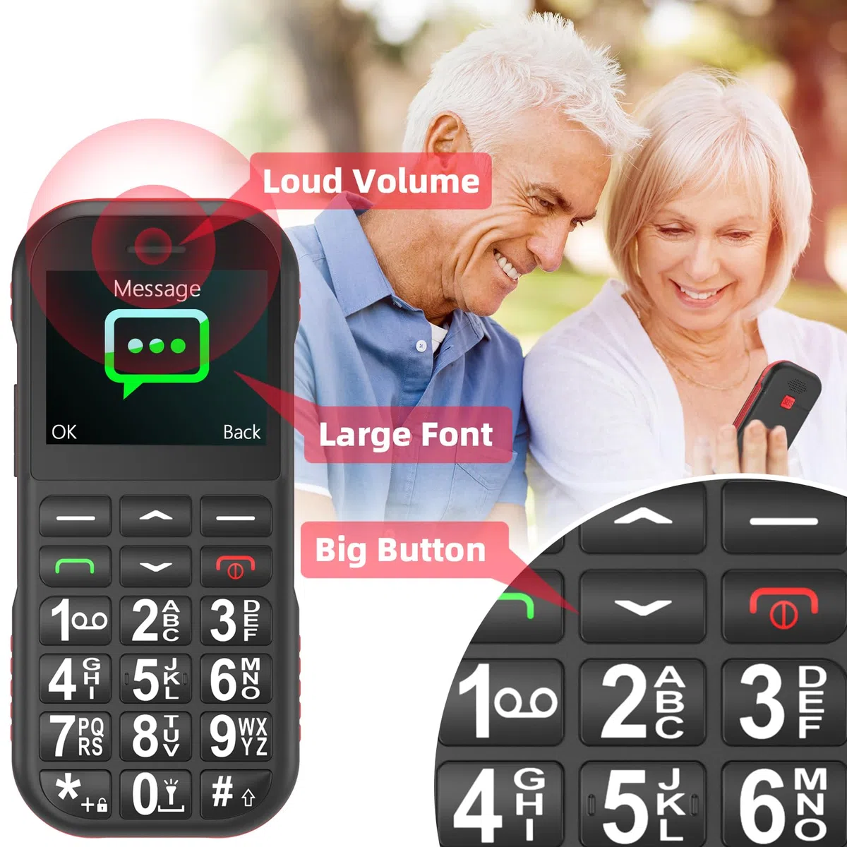 Telefono Movil para Mayores Libre, gsm Fácil de Usar Teléfono Móvil Basico de Teclas Grandes, Batería de 1800 mAh, Admite Tarjetas SIM Duales, Cable USB Tipo C, Botón SOS, Base del Cargador