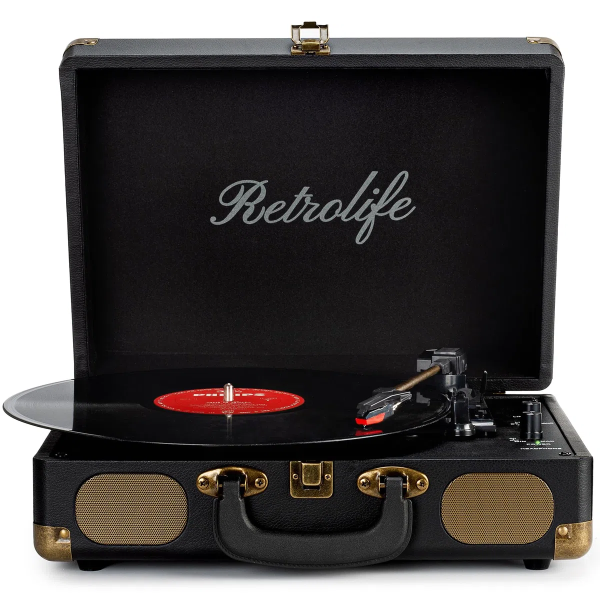 Tocadiscos de Vinilo Portátil con Correa de 3 Velocidades 33/45/78 RPM Bluetooth con Altavoces Incorporados Salida de Línea RCA Entrada AUX para Auriculares Tocadiscos Vintage Marca: Retrolife