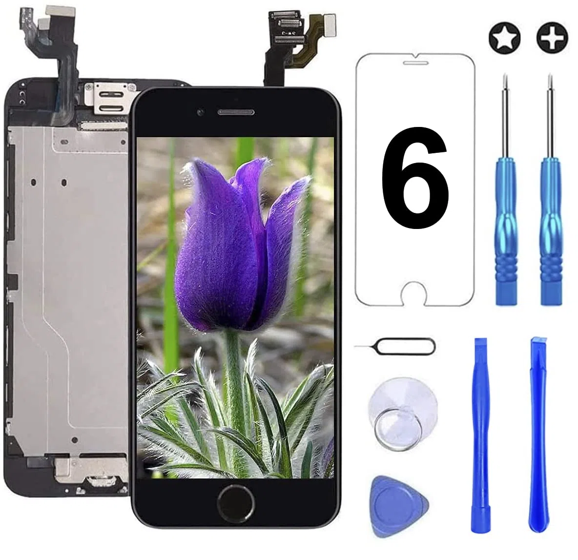Brinonac Pantalla para iPhone 6, 4.7" Pantalla Táctil LCD con botón de Inicio,Cámara Frontal, Sensor de proximidad, Altavoz, ensamblaje de Marco digitalizador y Kit de reparación (Negro)