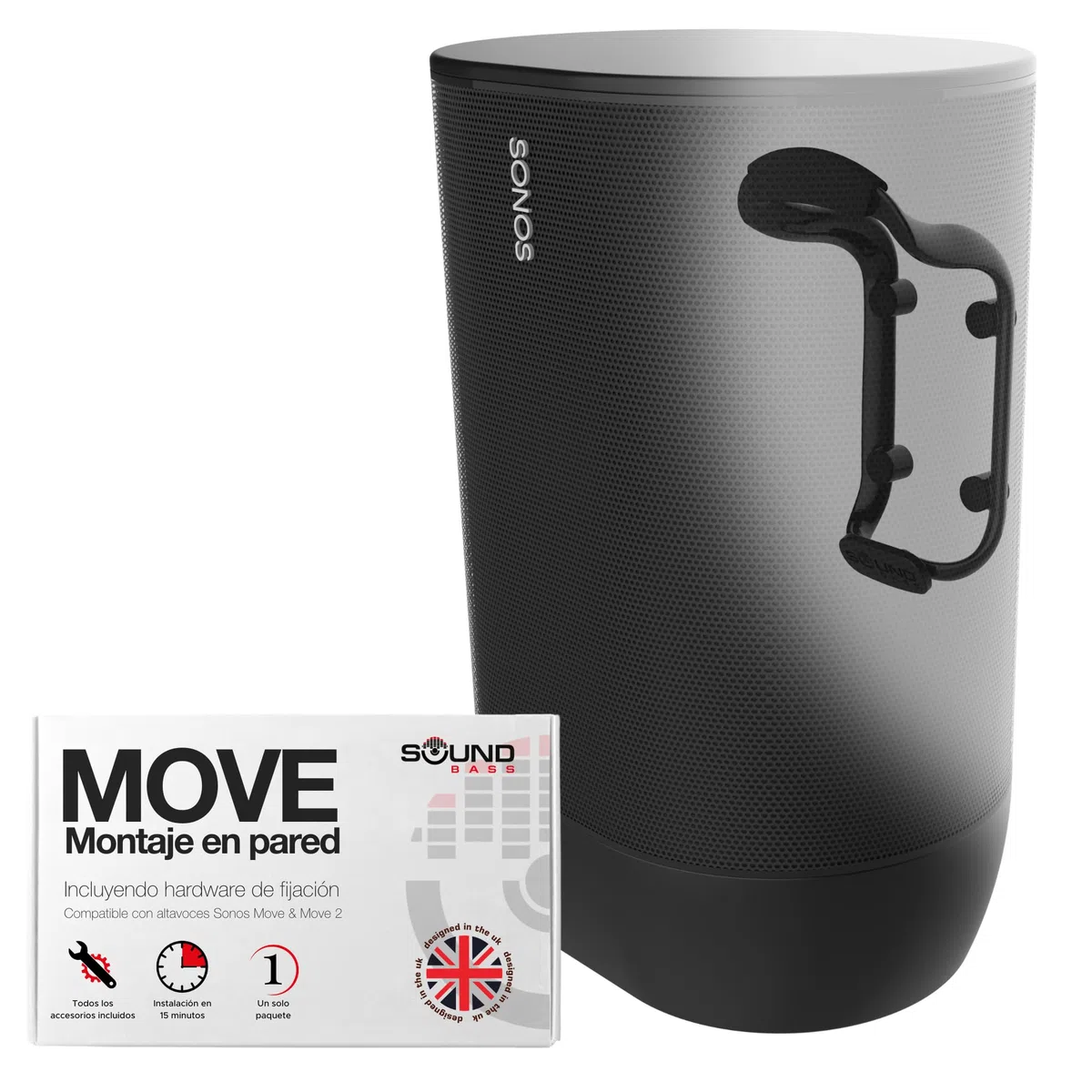 Sound Bass Move Soporte de Montaje en Pared para Altavoz, Resistente a la Intemperie, Compatible con Sonos Move Versión 1 y 2, Incluye Accesorios de Montaje, Negro