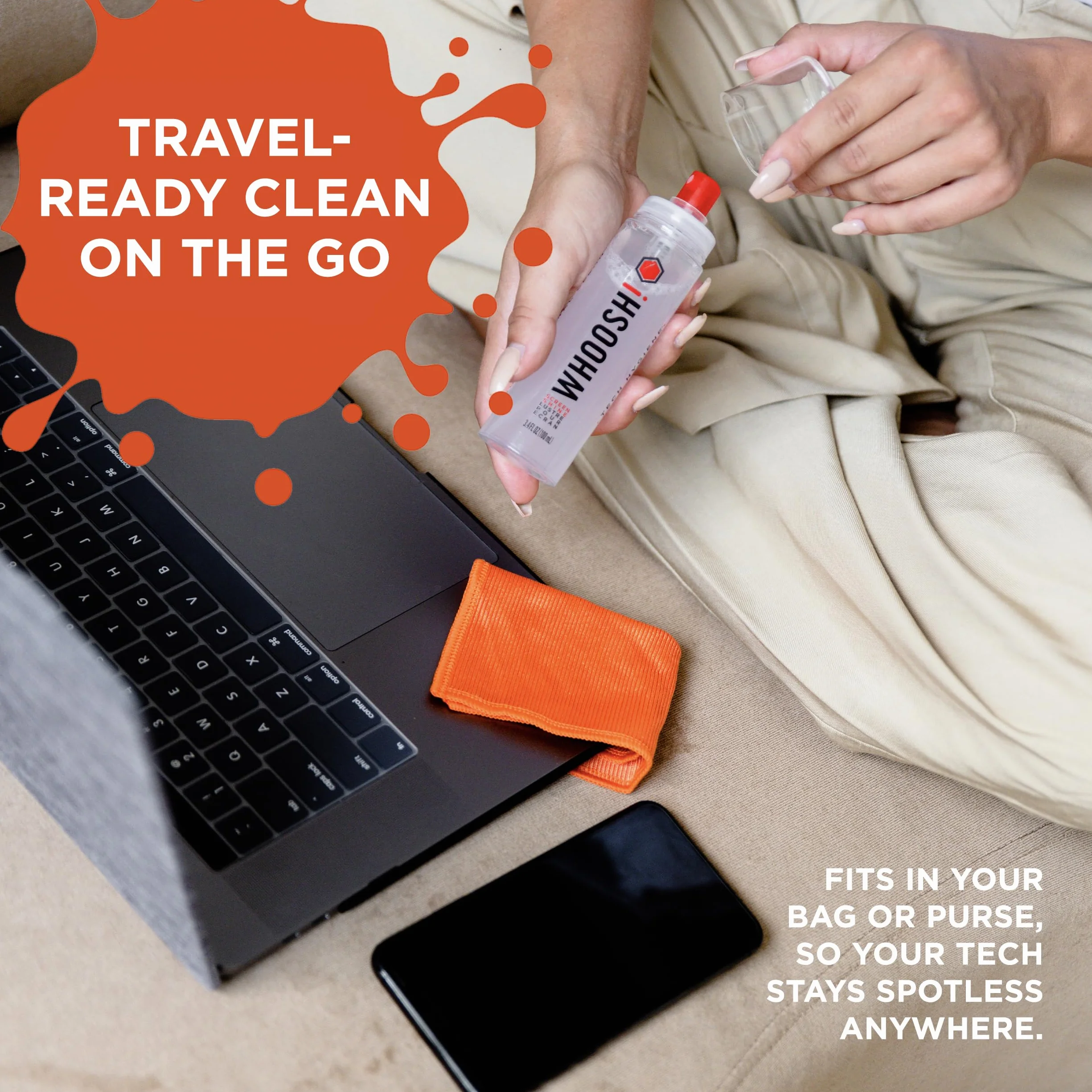 WHOOSH! Limpiador pantalla móvil Duo XL para iPhone, gafas y MacBook – 30 ml + 100 ml con paños de microfibra, limpiador pantalla táctil sin fugas, elimina huellas y manchas, ideal casa y viaje