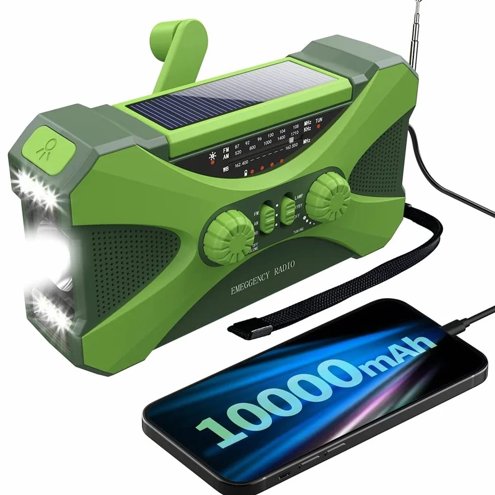 TsoLay Radio de Emergencia de 10000MAh, Radio de Manivela Solar, Portátil con Cargador de Teléfono, Linterna LED Verde