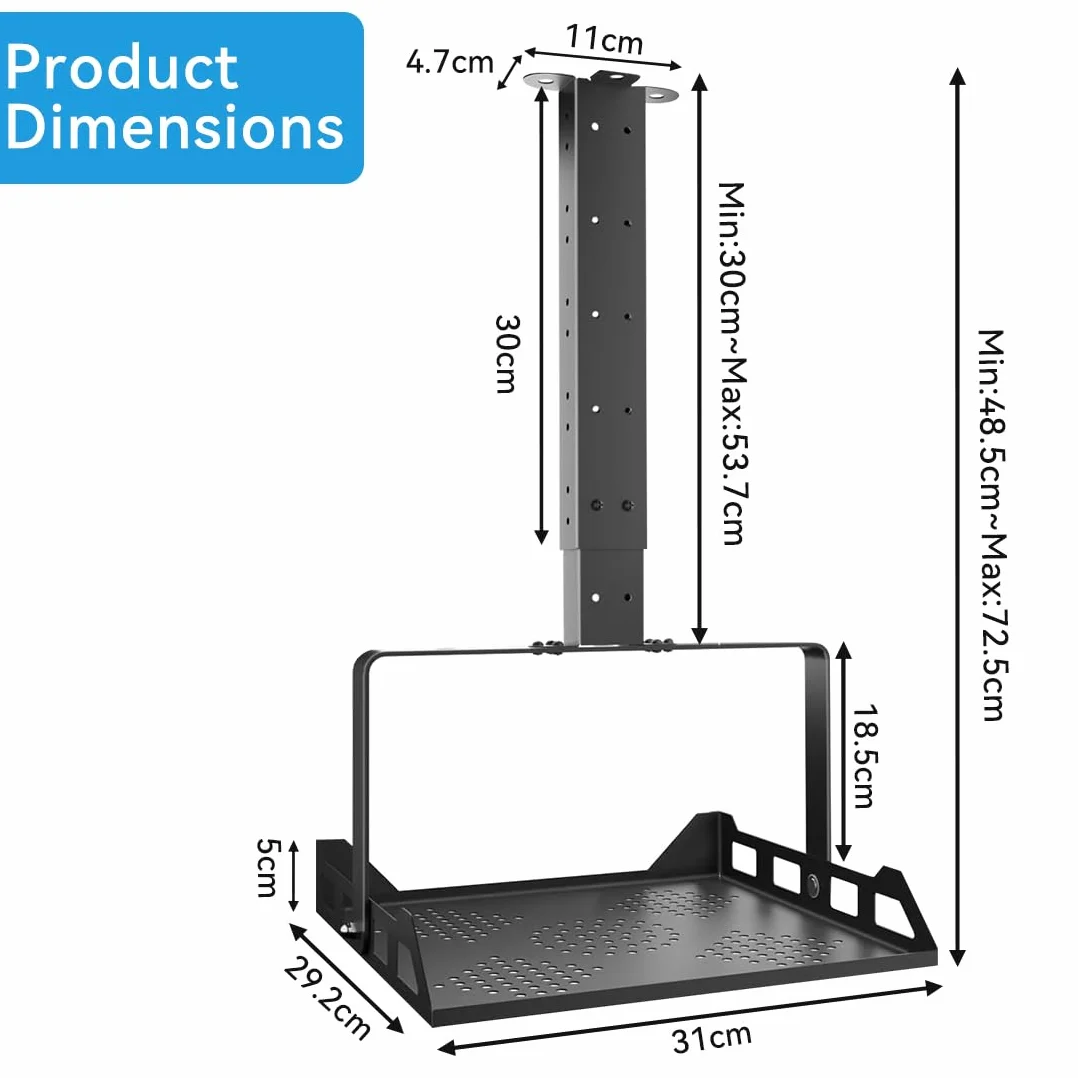 Soporte Proyector Techo Extensible con Bandeja, 31x29cm, Altura Ajustable, Soporte Techo Proyector Negro, Soporta hasta 10 Kg, con Orificios Ayudan a Disipar el Calor, para Proyectores, DVD