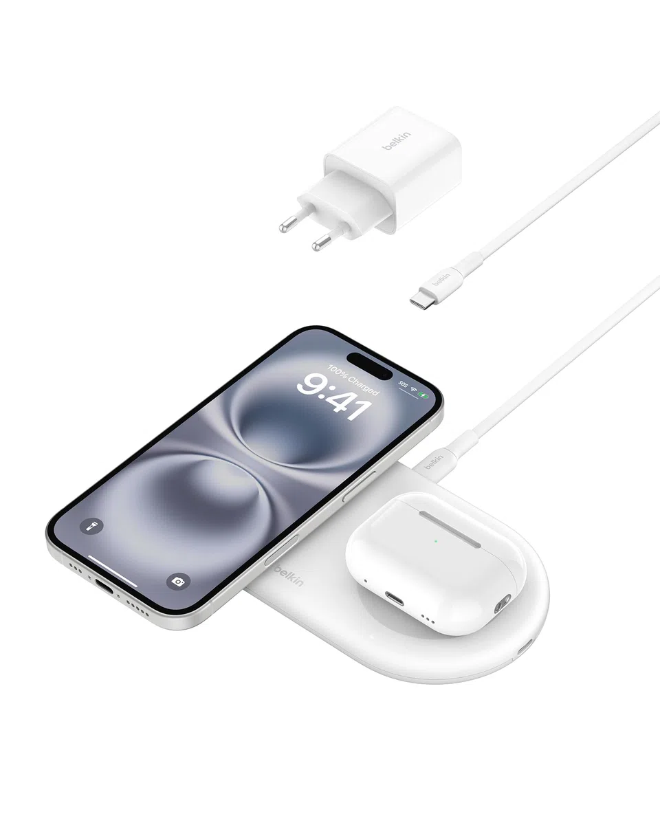 Belkin BoostCharge Pro Cargador Inalámbrico 2 en 1 con tecnología Magnética Qi2, 15W, Estacion de Carga Rápida Inalámbrica Compatible con Magsafe para iPhone 17, Air, Pixelsnap, AirPods - Blanco