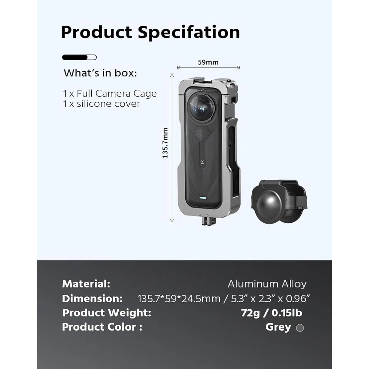 Tilta Jaula Insta360 X5, Jaula Completa para Cámara Compatible con Insta360 X5 con Roscas de 1/4”-20, Receptor de Zapata Fría - Gris Titanio TA-T90-FCC-TG