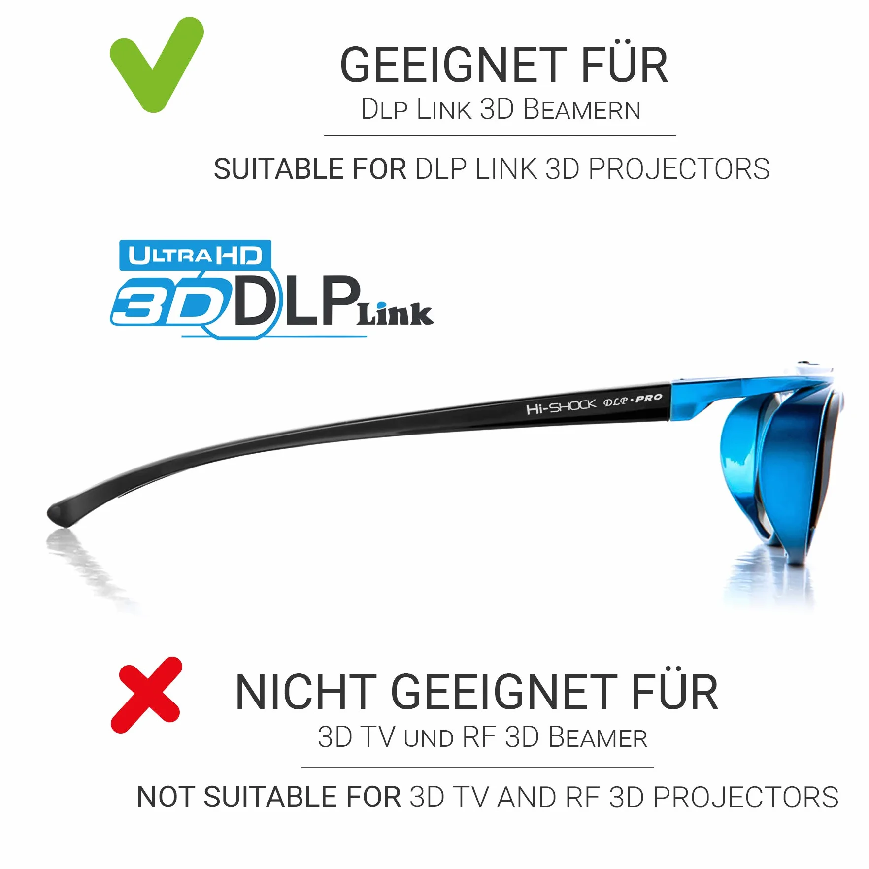 Hi-SHOCK DLP Pro Blue Heaven | Gafas DLP Link 3D para proyectores 3D DLP de Acer, BenQ, Largo, Optoma, Viewsonic, LG [Gafas de obturación | 96-200 Hz | Recargables | 32g | DLP Link | Azul]