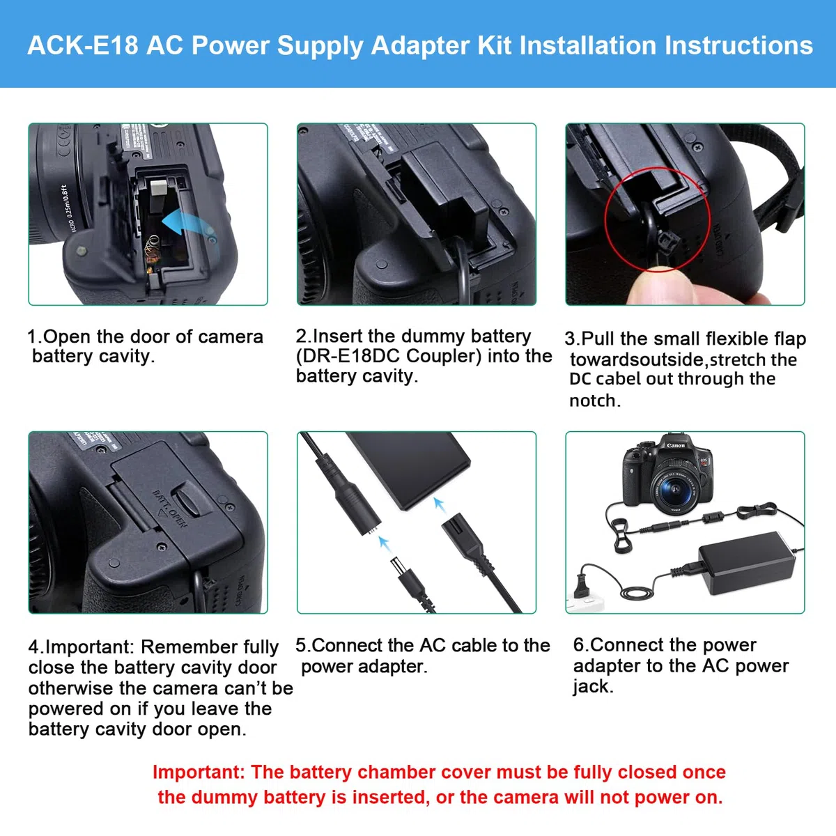 ACK-E18 Alimentador CA suministrado DR-E18 Kit cargador acoplador CC para cámaras Canon EOS Rebel T6i T6s T7i T8i SL2 750D 760D 850D 77D 200D 250D Kiss X8i X9i X10i 8000D 900D RP cámaras