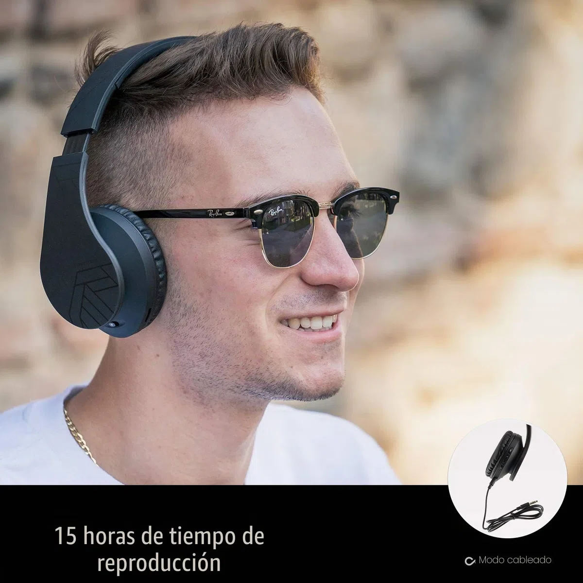 PowerLocus P2 - Auriculares Bluetooth inalambricos de Diadema Cascos Plegables, Casco Bluetooth con Sonido Estéreo Micro SD/TF, FM con micrófono y Audio Cable para Movil, PC, Tablet - Negro