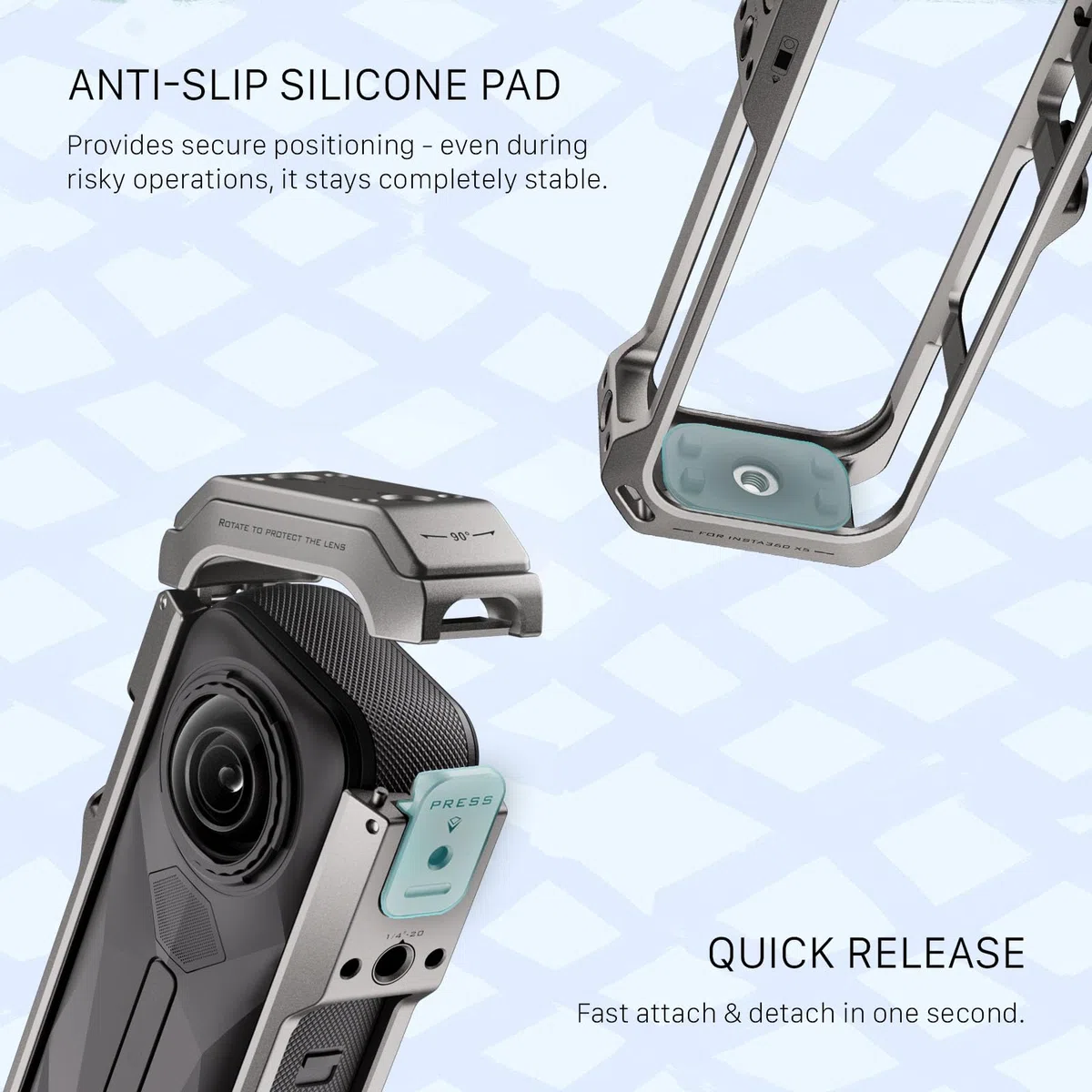 Tilta Jaula Insta360 X5, Jaula Completa para Cámara Compatible con Insta360 X5 con Roscas de 1/4”-20, Receptor de Zapata Fría - Gris Titanio TA-T90-FCC-TG