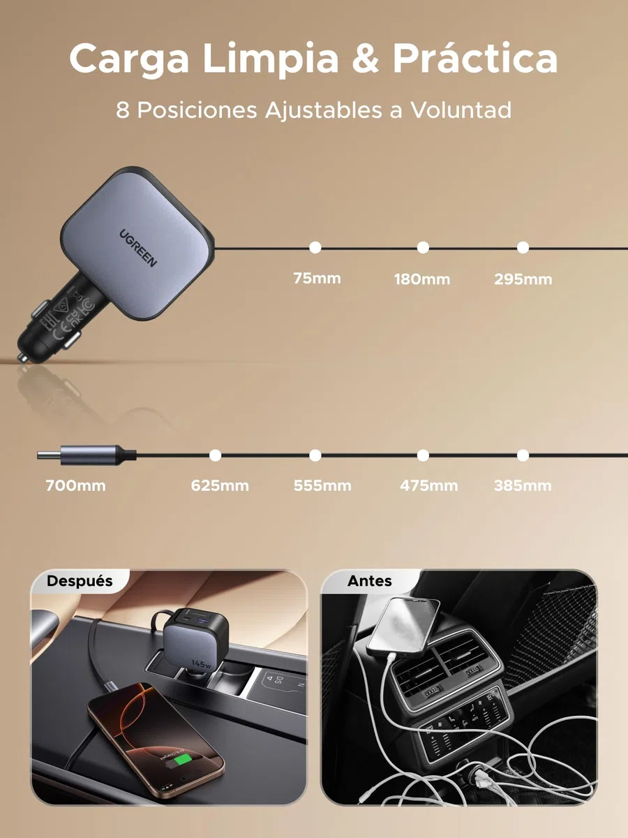 UGREEN 145W Cargador Coche Retráctil Carga Rápida, Car Charger USB C 4 Puertas con Cable Retractil, Compatible con iPhone 17 Pro MAX Air/iPhone 16/15/14, Galaxy S25/24, Pixel 10/9, MacBook, iPad Pro