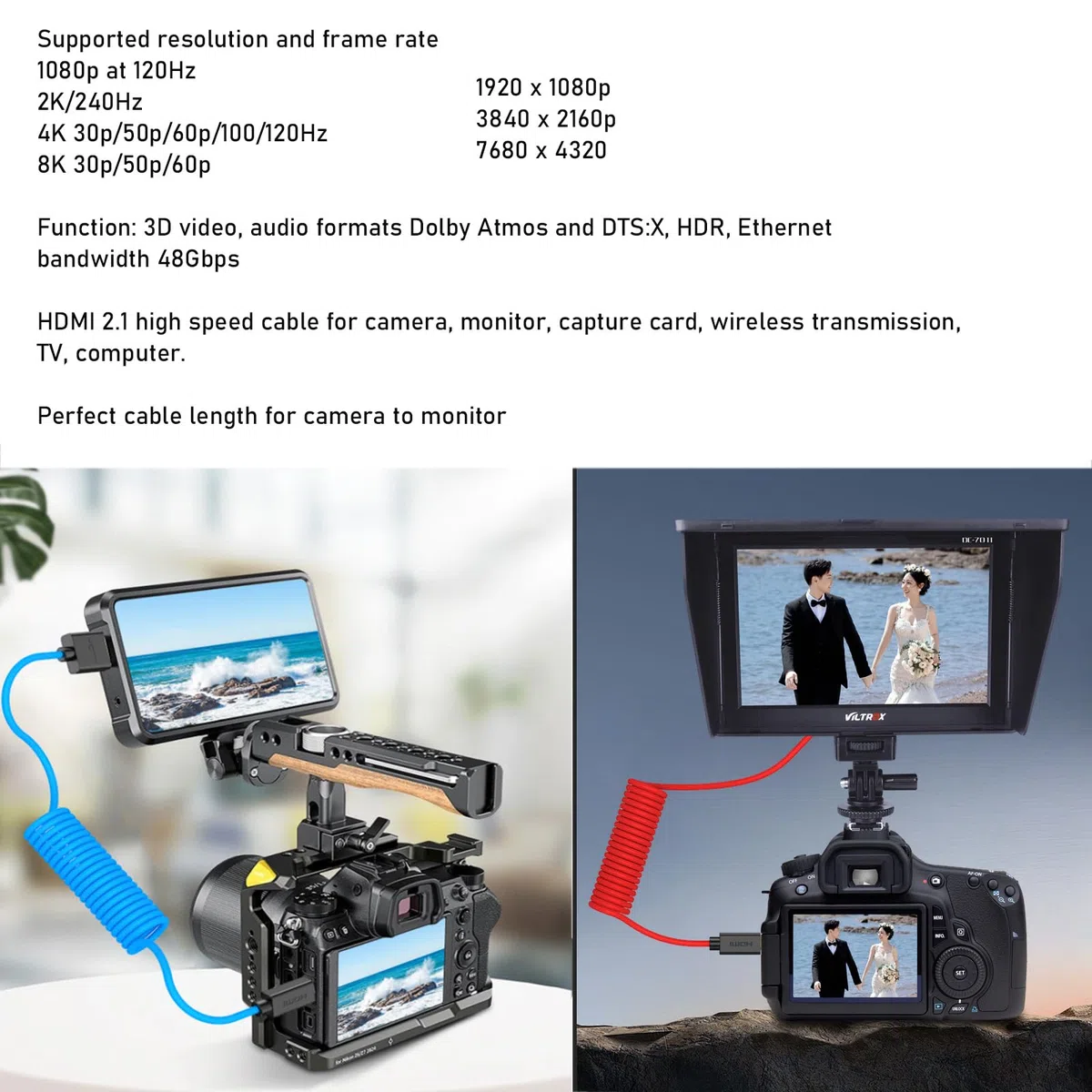HangTon Cable micro HDMI 4K 8K Ultra HD para cámara Sony A6700 A7C Canon EOS R5 R7 GH4 X-T30II Z50 Cámara ATOMOS Ninja V Portkeys Monitor, tipo A D HDMI2.1 naranja trenzado en espiral 30 cm