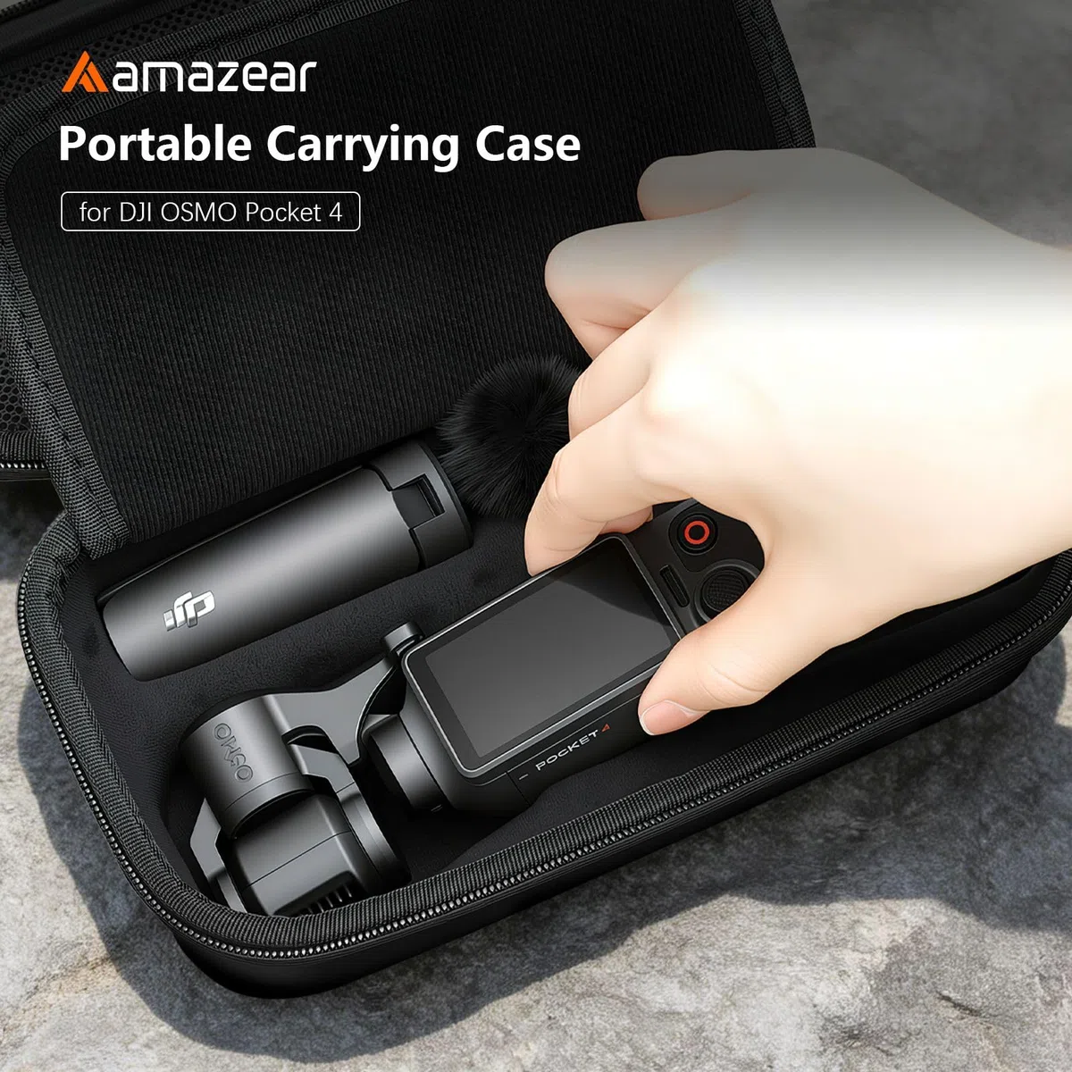 AMAZEAR Funda para dji Osmo Pocket 4, Osmo Pocket 4 Accesorios – Bolsa de Transporte compacta con Correa de muñeca y mosquetón, Estuche Protector para Accesorios, Almacenamiento y protección, Negro