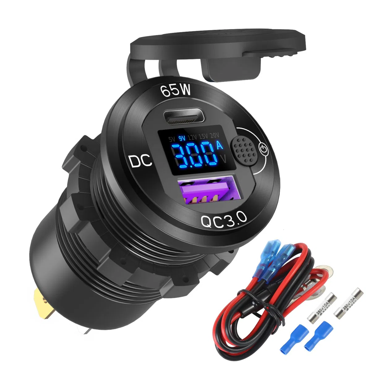 Toma USB 12V Cargador Coche de Aluminio PD65W Puerto USB de Coche para Portátiles, Puerto U-S-B Quick Charge 3.0, Enchufe Boost Incorporado Impermeable con Voltímetro e Interruptor para RV