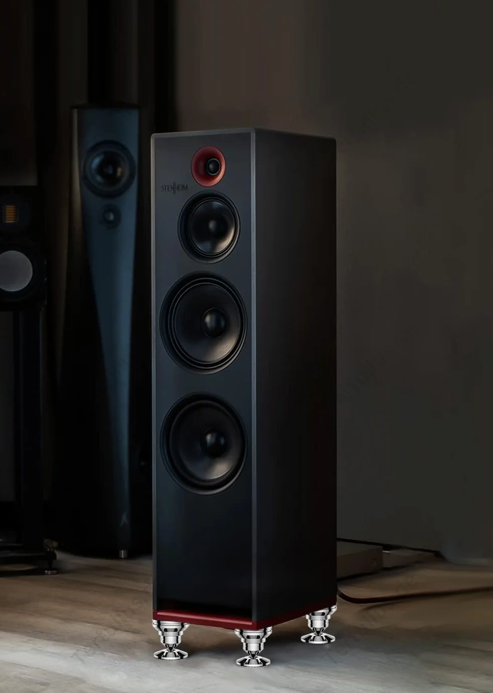 Tertullus Juego de 4 clavijas para altavoces, de acero inoxidable, altura regulable, con picos, arandelas para dispositivos de alta fidelidad y altavoces