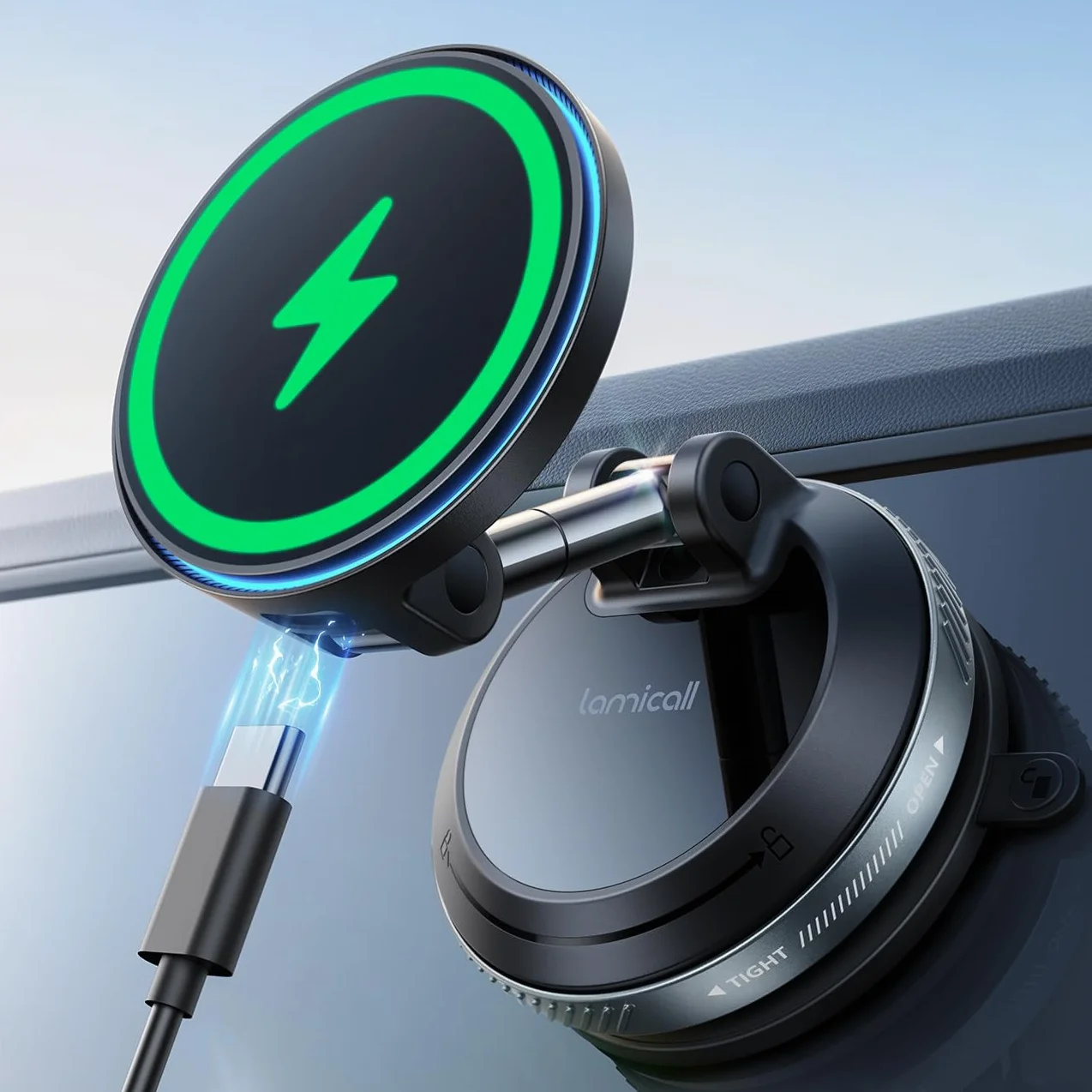Lamicall 15W Cargador Inalámbrico Coche para MagSafe - [30KG Succión Fuerte] Magnético Soporte Cargador Movil Coche con Ventosa de Vacío, Fuerte Imán, para iPhone Series 17 16 15 14 13 12