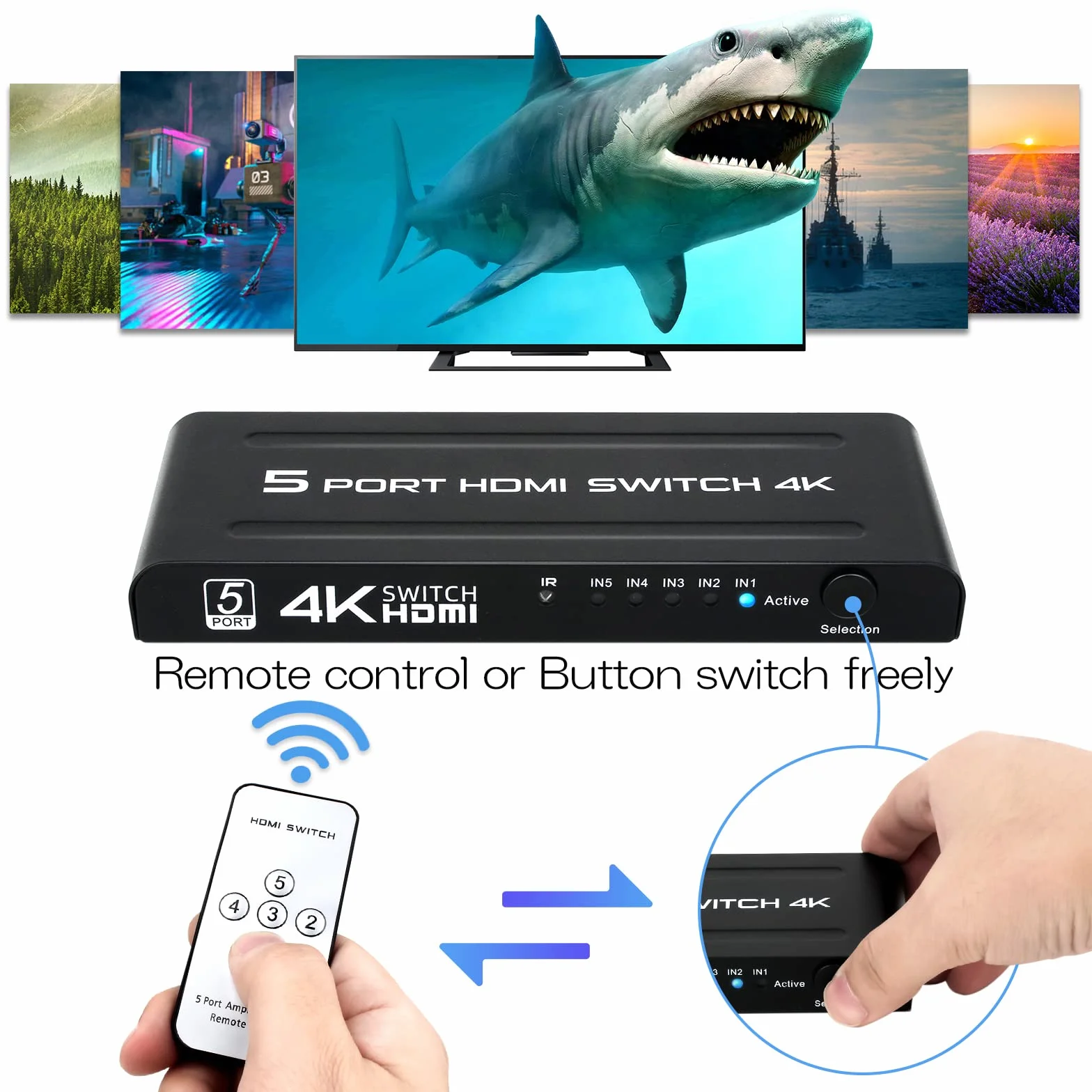 Switch HDMI 5 Entradas 1 Salida, 4K Conmutador HDMI Automatico con Alimentación y Mando a Distancia para HDTV DVD Xbox PS3 PS4 BLU-Ray Proyector