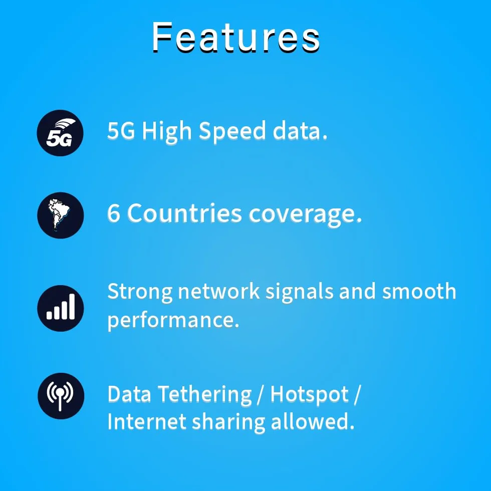 TSIM Tarjeta SIM de 30 días para América del Sur | 12 GB de Internet en 5G/4G/LTE (datos compartidos permitidos) | Utilizable en Brasil, Chile, Colombia, Perú, Uruguay y Costa Rica | Red 5G de alta