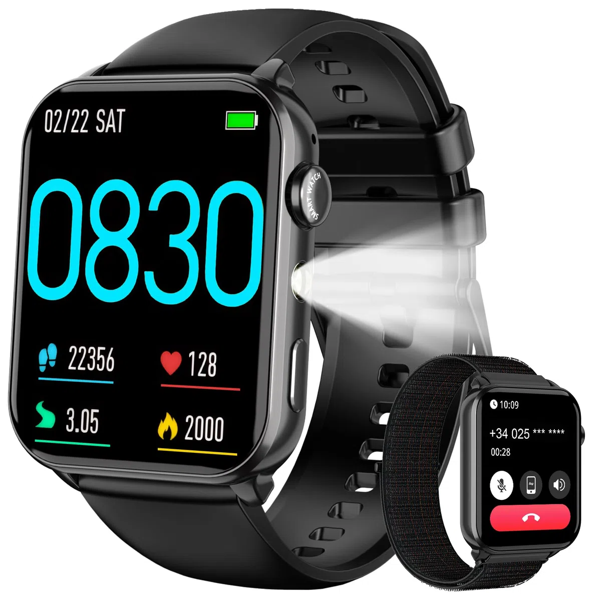 Reloj Inteligente Hombre Mujer, Smartwatch Hombre con Linterna y Llamadas Bluetooth, Smart Watch con 2 Correas, Notificación, Podómetro, Pulsómetro, 100+ Modos Deportivos, Smartwatch para Android iOS