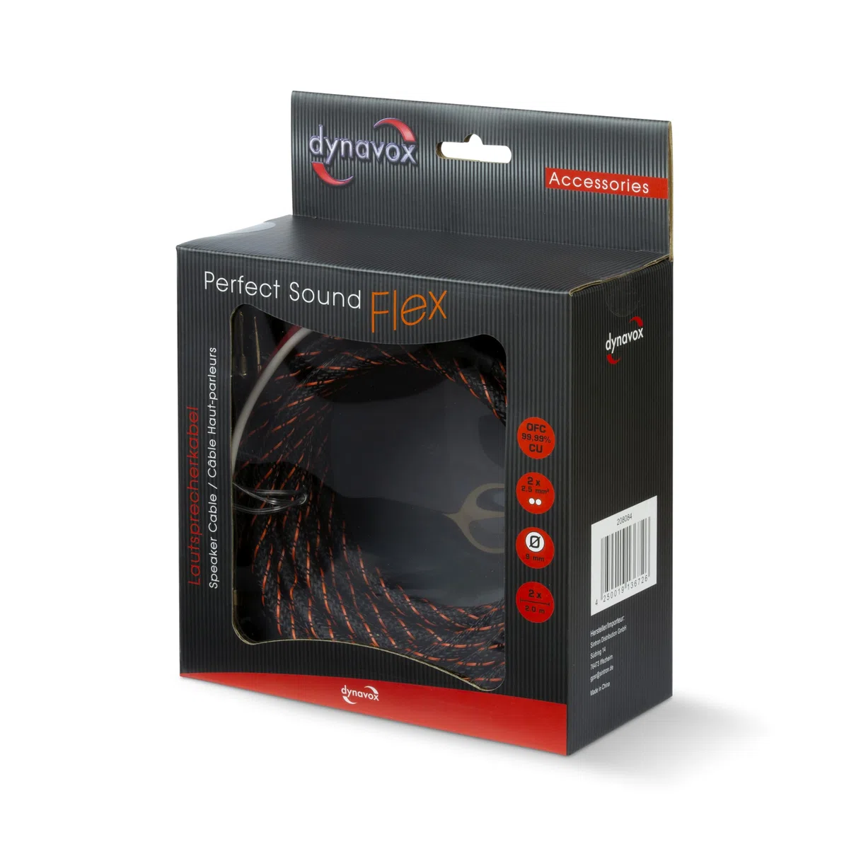 Dynavox Perfect Sound Flex Cable de Altavoz, confeccionado, extremadamente flexible, conectores huecos de banana chapados en oro, transmisión de señal sin pérdidas, cobre OFC de alta pureza, par, 2m