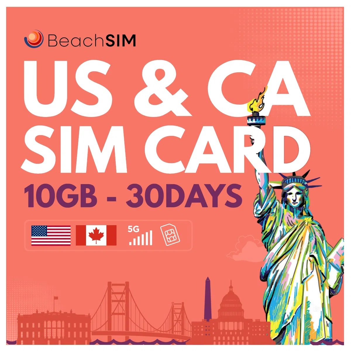 Tarjeta SIM Canadá 30 días. 10GB de Datos prepago Solo Datos a Velocidad 4G/5G. Activación rápida en línea y Recarga fácil. Funciona en Dispositivos iOS y Android liberados.