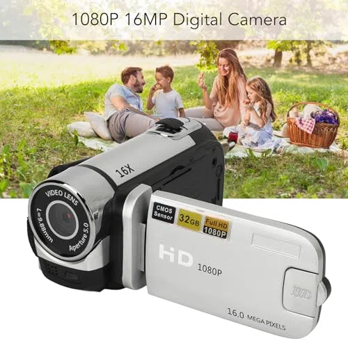 Grabadora de Cámara Digital, Videocámara Full HD 1080P 16MP, Cámara Vlogging con Pantalla Giratoria de 2,4, Zoom Digital 16X, Luz de Relleno, Antivibración, para Principiantes Silver