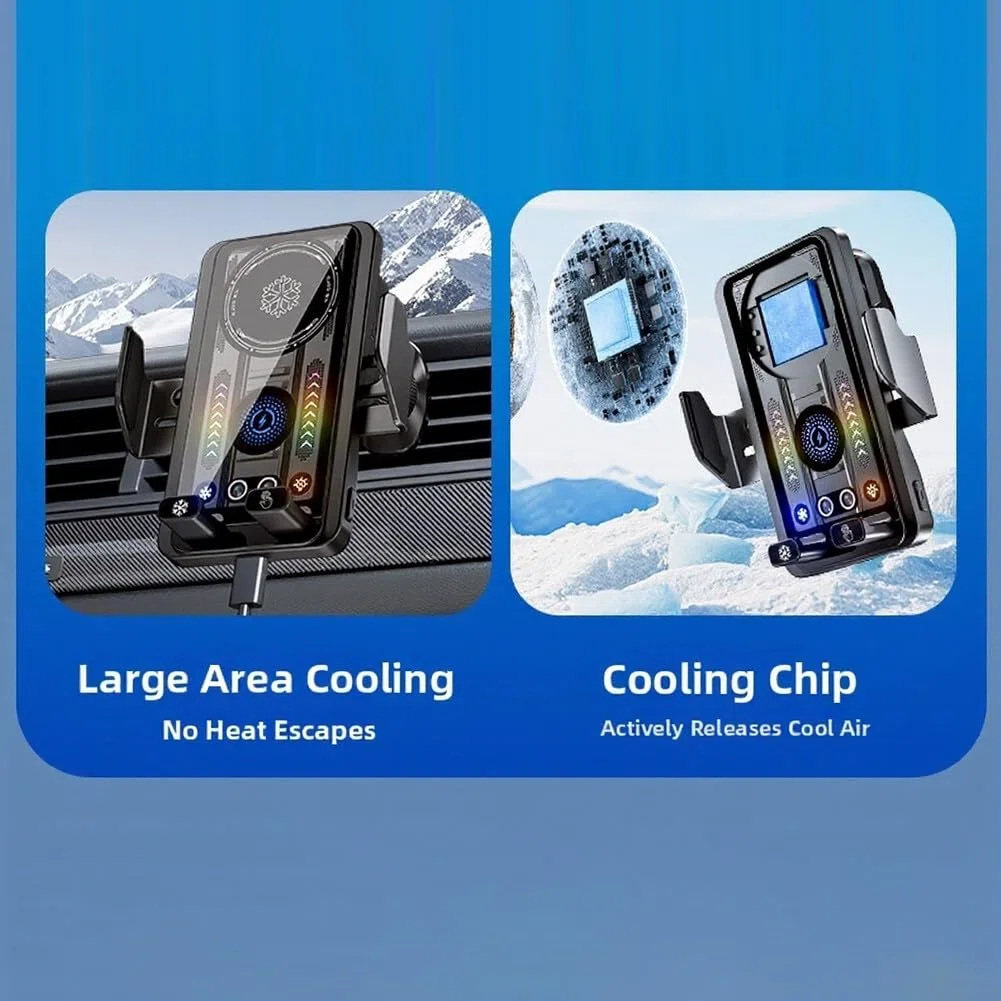 Soporte para teléfono de coche cargador inalámbrico de 15 W con disipación de calor de refrigeración y detección magnética, cargador inalámbrico de coche con sujeción automática, montaje de
