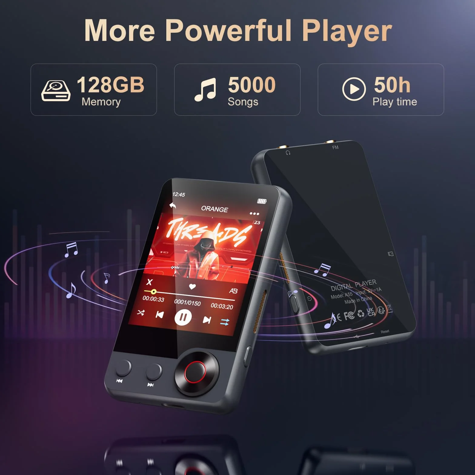 128GB Reproductor MP3 con Bluetooth 5.3, Oilsky 2,4'' Reproductor de Música Portátil con Altavoz, MP3 Reproductor con Radio FM, Grabación de Voz, Auriculares (Gris)