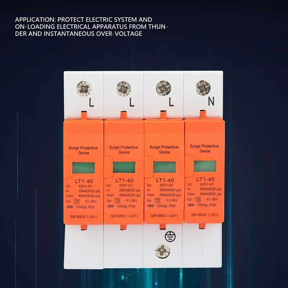 4 Polos AC 420V, 40KA, Protector de Sobretensión Doméstico, Dispositivo Pararrayos de Bajo Voltaje, para Protección Contra Rayos