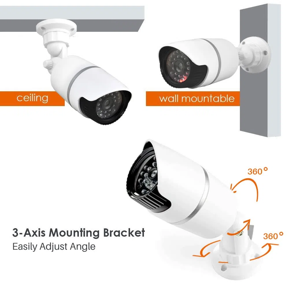 JUSTOP Cámaras CCTV falsas, 2 cámaras de seguridad falsas con LED intermitente, impermeables para uso en interiores o exteriores, carcasa profesional en blanco y negro (paquete de 2 unidades)