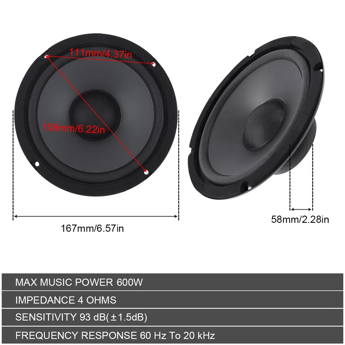 Shkalacar Altavoz Estéreo Coaxial de 6,5 Pulgadas para Coche - 600 W, 2 Vías, 1 Par - Sistema Estéreo de Calidad de Sonido