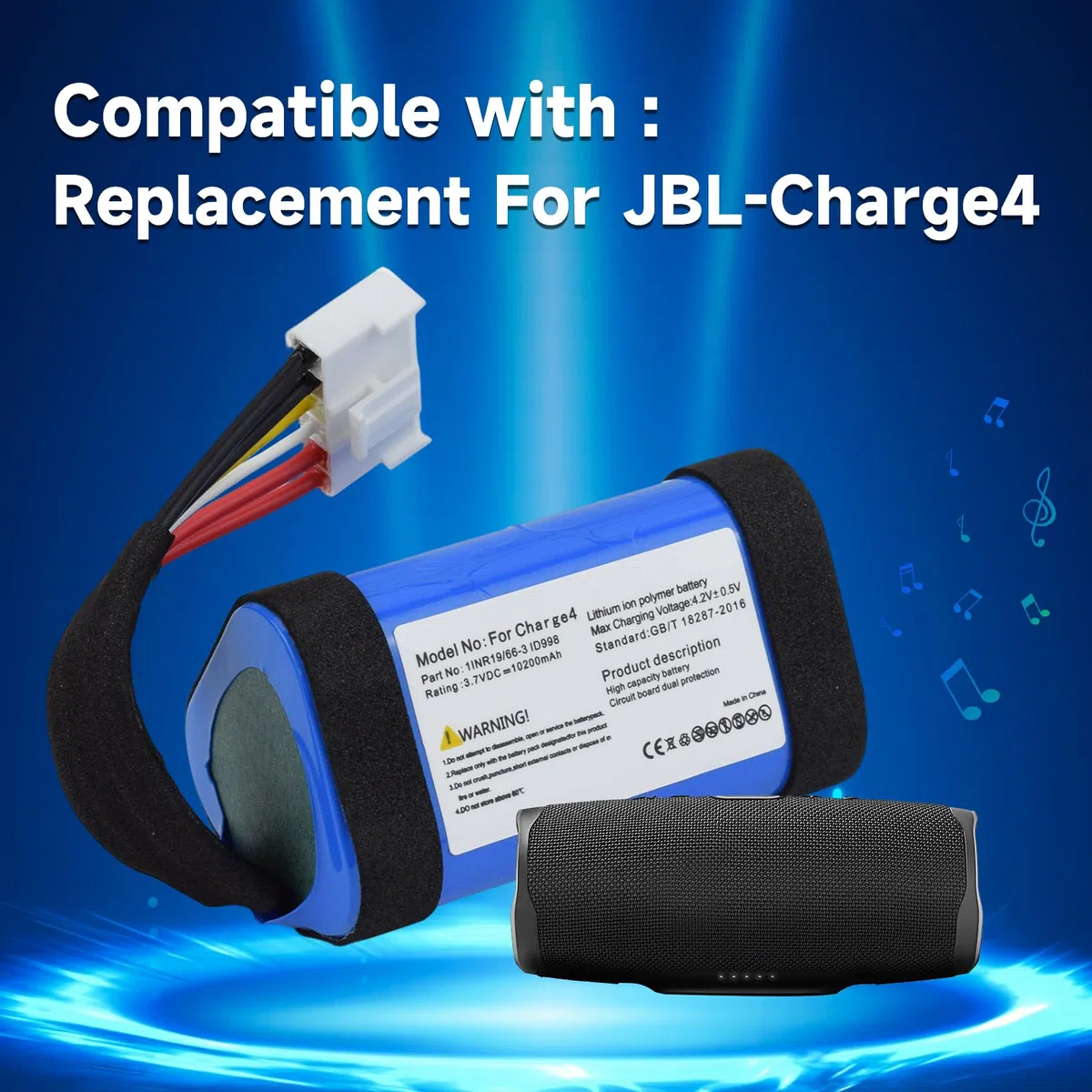 CITYORK Batería de ion de litio para JBL Charge 4, 4J, 4BLK, 3,7 V, 10200 mAh, compatible con Charge 4BLUAM, P/N ID998, SUN-INTE-118, 1INR19/66-3