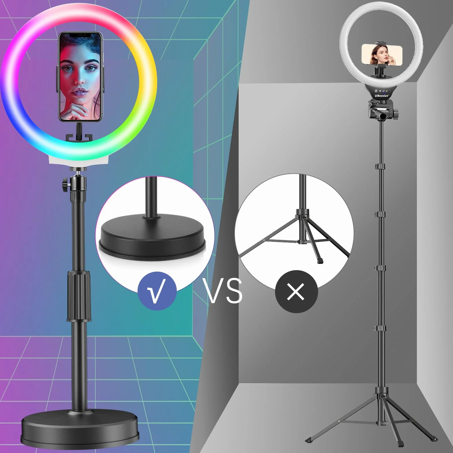 PEYOU Aro de Luz con Tripode, RGB Ring Light de Chasis Redondo Reforzado, Anillo de Luz Regulable para TikTok, Maquillaje, Selfie Fotografías, Youtube, Twich Live, etc.