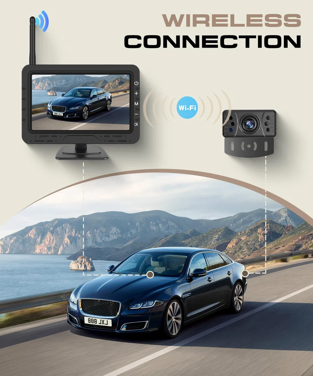 Rimoody Cámara de Marcha Atrás Inalámbrica, Monitor 4.3 Pulgadas TN, Impermeable IP68/Visión Nocturna Gran Angular/Líneas de Guía Ajustables/Espejo de Imagen para Coche Furgoneta Camión Caravana
