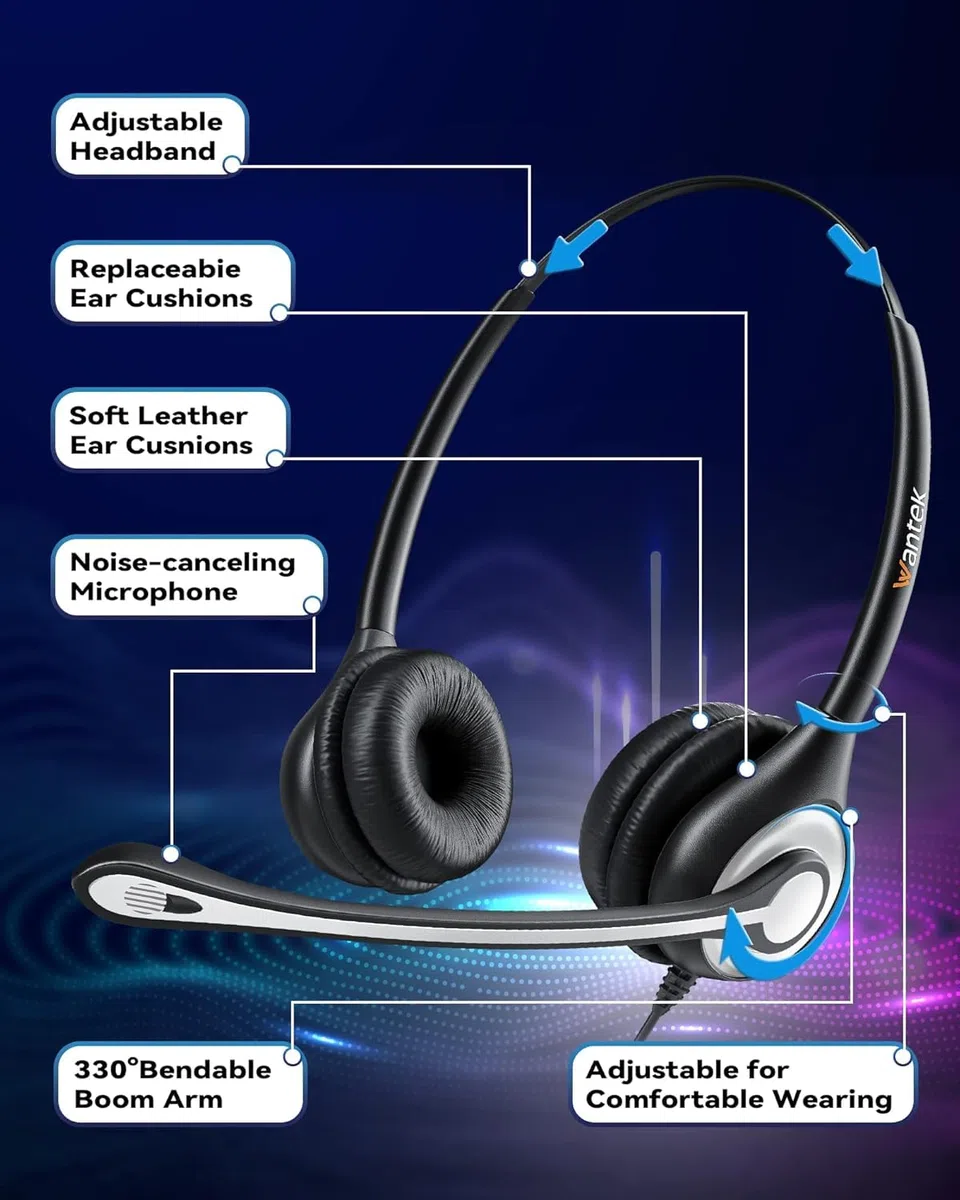 Wantek - Auriculares con micrófono de cancelación de Ruido para teléfono Central de Llamadas con plantronics M10 M12 M22 MX10 amplificadores o Cisco 7942 7971 Binaural F602C1
