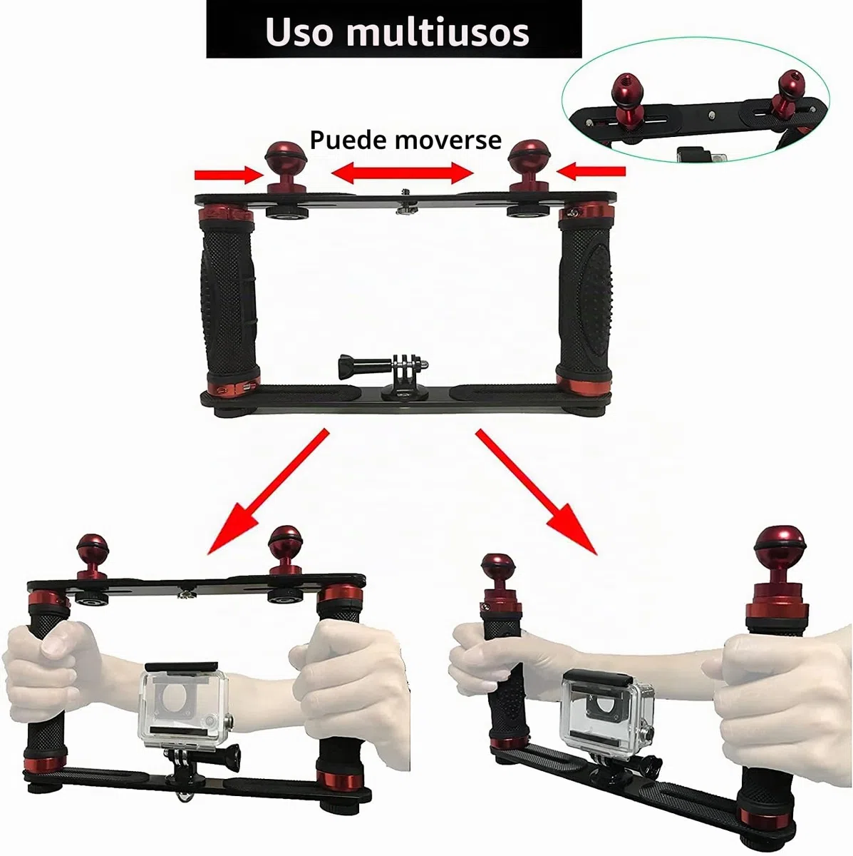 Soporte estabilizador de Mano subacuático de aleación de Aluminio, Bandeja de Soporte de luz de Buceo con Dos Asas de Bola de 1 Pulgada para cámara de acción y Cualquier Otra cámara con Agujero de