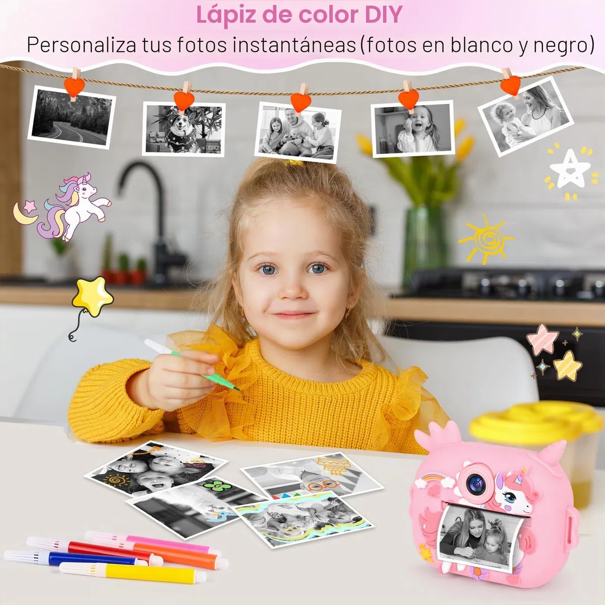 Camara Fotos Infantil Instantanea, Ambesty Camara Fotos Infantil, 2.4" HD Cámara Instantánea con Tarjeta 32GB y Papel de Impresión, 1080P HD Video Cámara, Regalos para Niños y Niñas de 3-12 (Rosa)