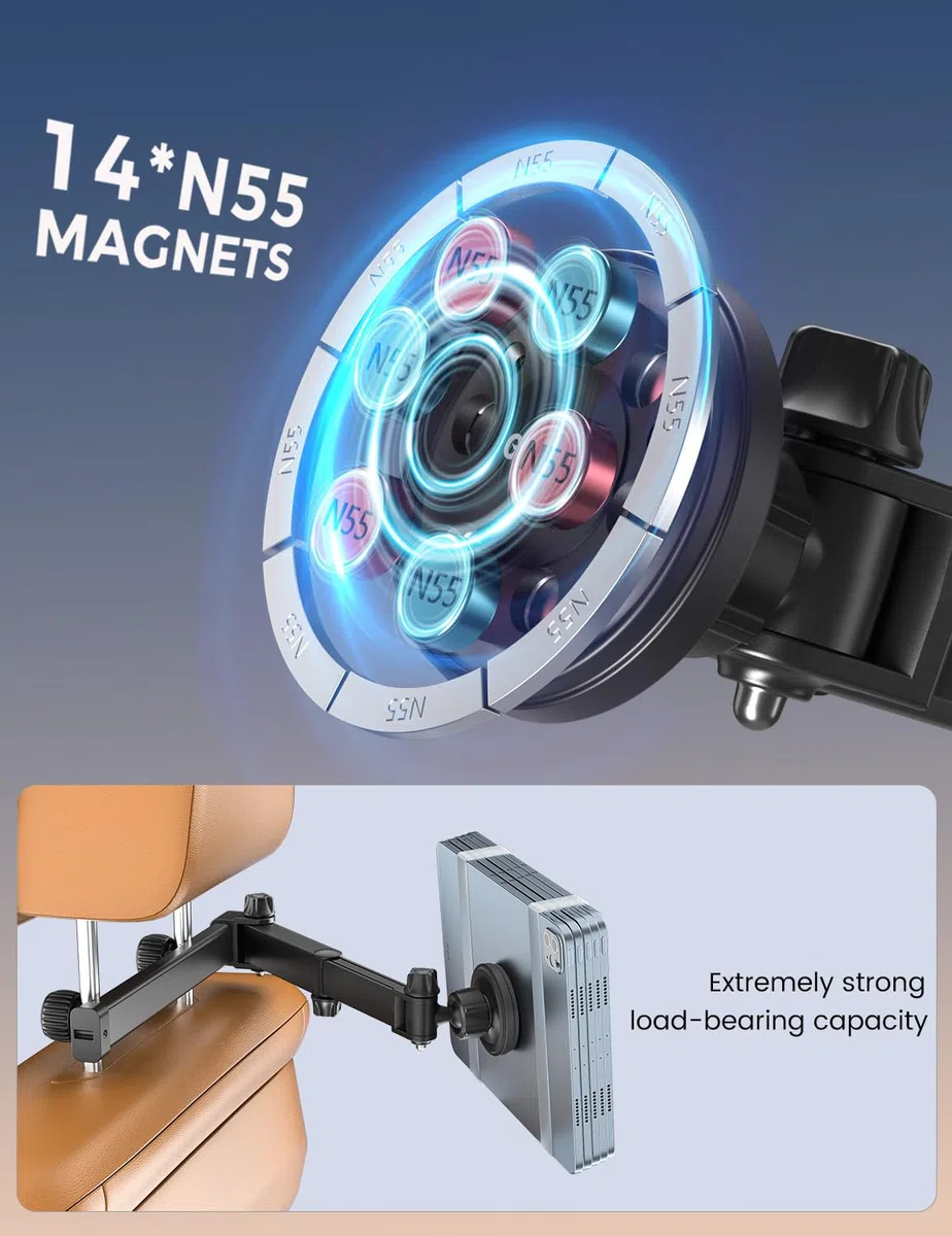OHLPRO Soporte para tablet coche reposacabezas con fuerte magnético, brazo extensible de aluminio para coche, soporte para tableta, soporte universal de viaje para niños, soporte para iPad Sumsung