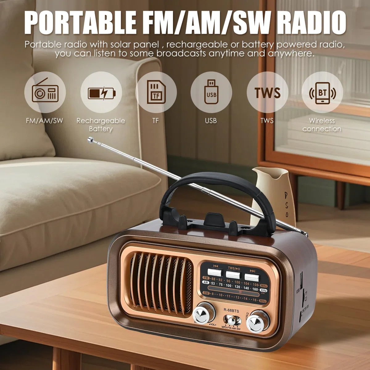 Radio Retro portátil, Radio portátil con Bluetooth, Am/FM/SW Bandas, Batería Recargable y Panel Solar-soporta Tarjeta USB/TF, emparejamiento TWS, diseño portátil para Cocina, baño, Viajes (café)