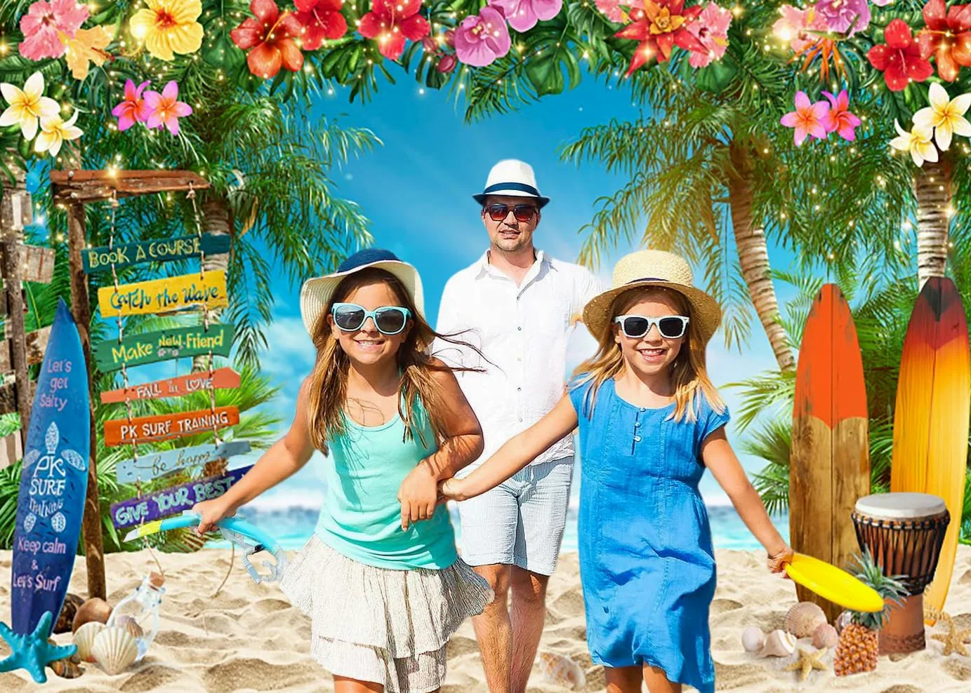 3x2m Telón de Fondo Playa Verano Tropical Palm Tree Flor Tabla de Surf Street Sign Azul Cielo Fotografía Fondo Boda Cumpleaños Hawaiian Luau Aloha Fiesta Decoraciones Photo Booth Props