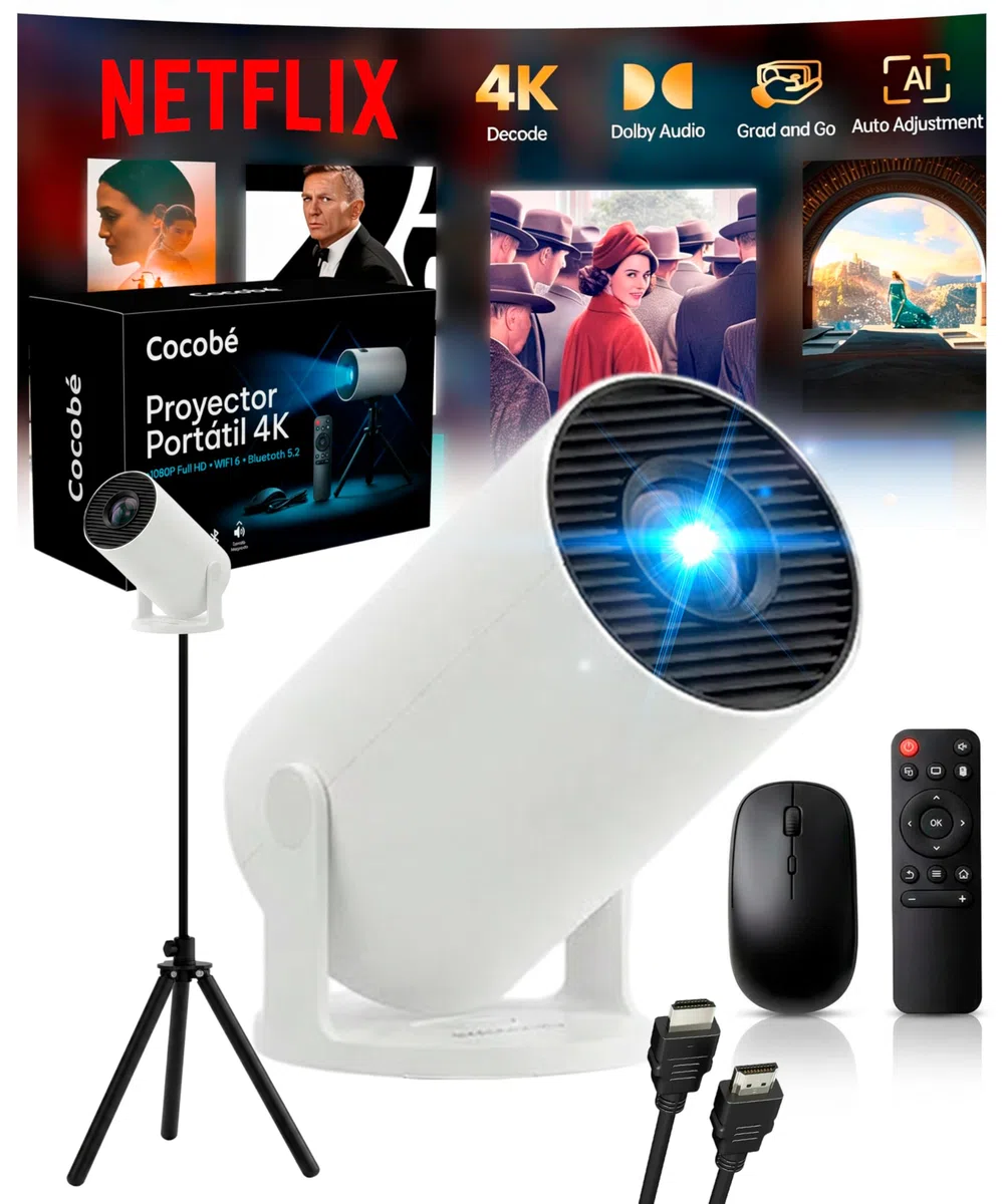 Mini Proyector Portátil 4K Full HD 1080P Enfoque Automático con Trípode Incluido