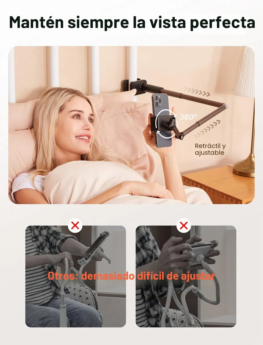 JSAUX Soporte para teléfono para Cama y Escritorio, Clip Universal Ajustable para teléfono para Marco de Cama de Escritorio Compatible con iPhone 14 Pro MAX Plus Mini iPhone 13 12 11 X Samsung -Negro