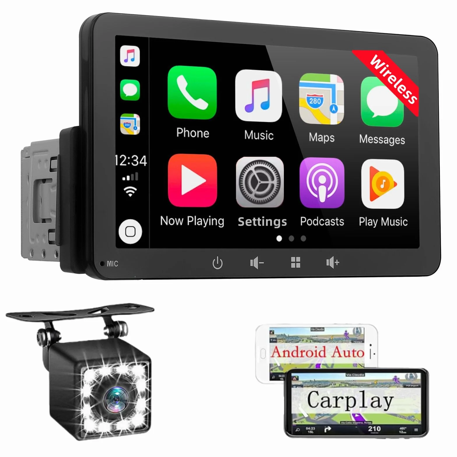 Radio Coche 1 DIN con Carplay y Android Auto Inalámbrico - Pantalla Táctil de 7 Pulgadas, Reproductor de Estéreo Bluetooth Soporte Mirror Link para iOS/Android con Cámara de Respaldo