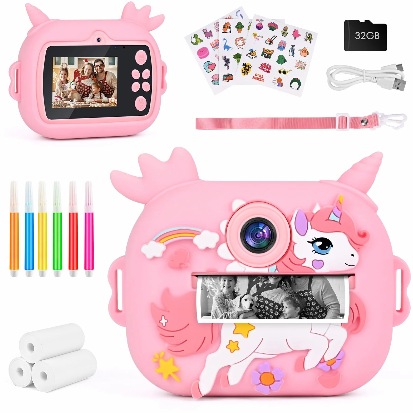 Camara Fotos Infantil Instantanea, Ambesty Camara Fotos Infantil, 2.4" HD Cámara Instantánea con Tarjeta 32GB y Papel de Impresión, 1080P HD Video Cámara, Regalos para Niños y Niñas de 3-12 (Rosa)
